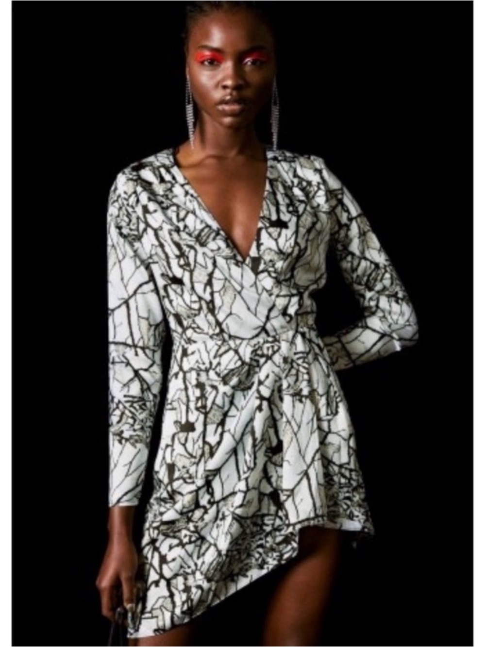 Topshop X Halpern marble design wrap dress 2 long sleeve v neck asymmetrical hem